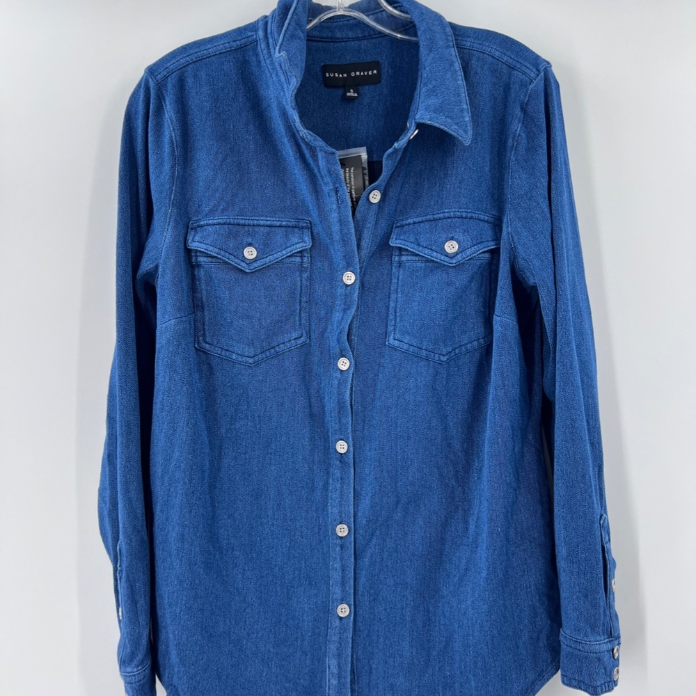 susan graver blue denim button-up shirt new small - Picture 3 of 7